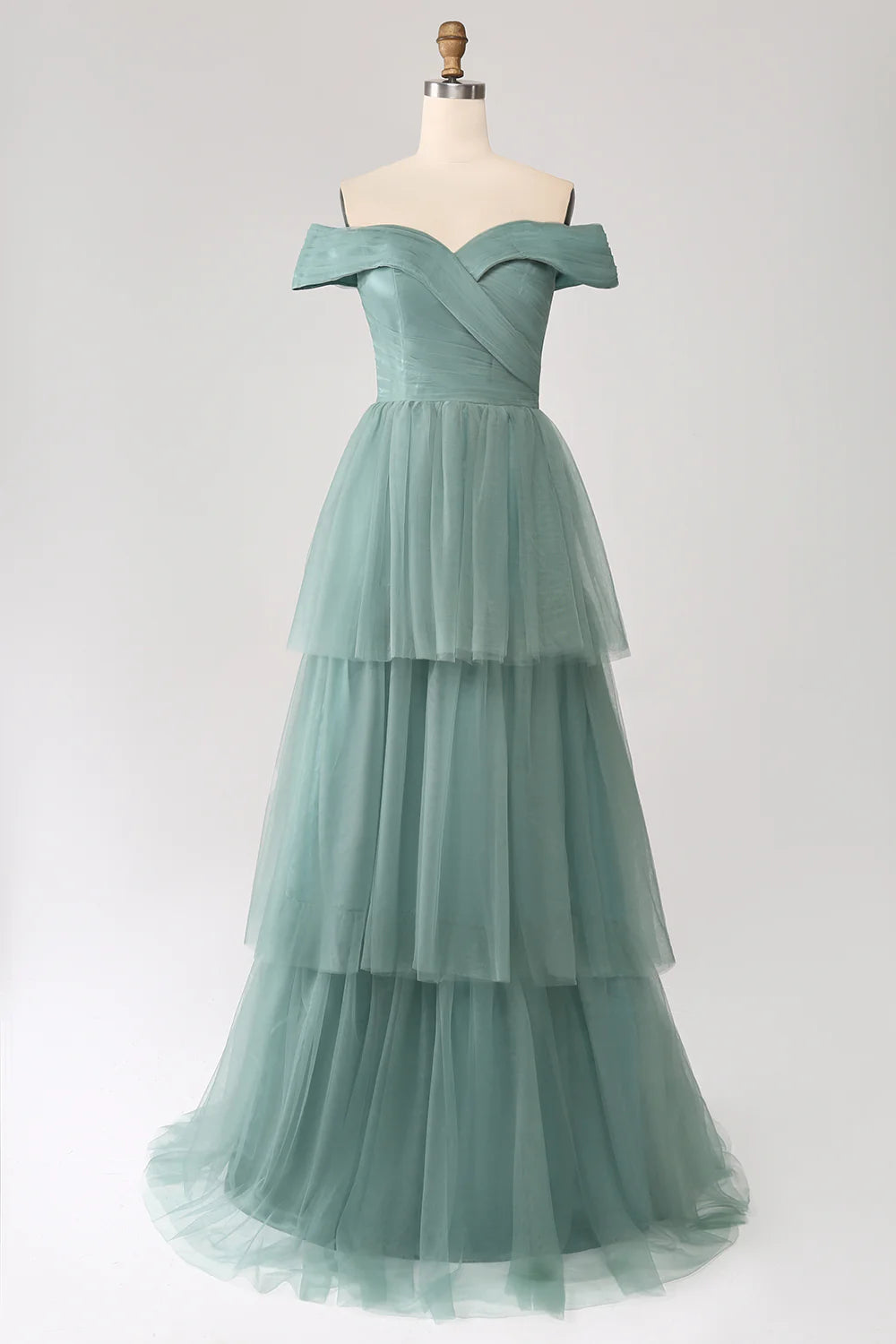 Beaira Grey Green A Line Off the Shoulder Tiered Tulle A Line Prom Dress