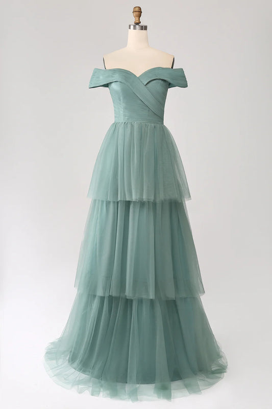 Beaira Grey Green A Line Off the Shoulder Tiered Tulle A Line Prom Dress