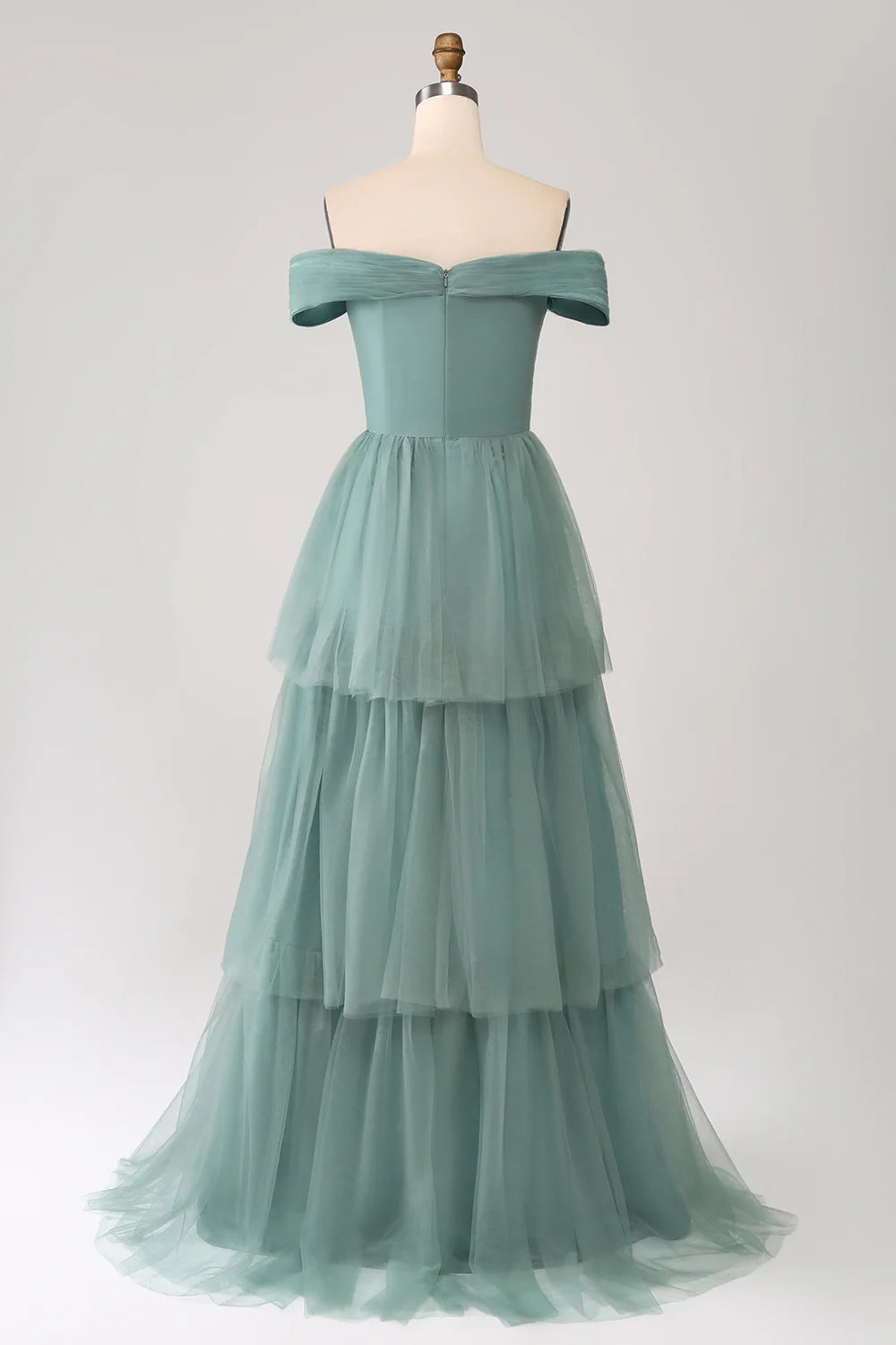 Beaira Grey Green A Line Off the Shoulder Tiered Tulle A Line Prom Dress
