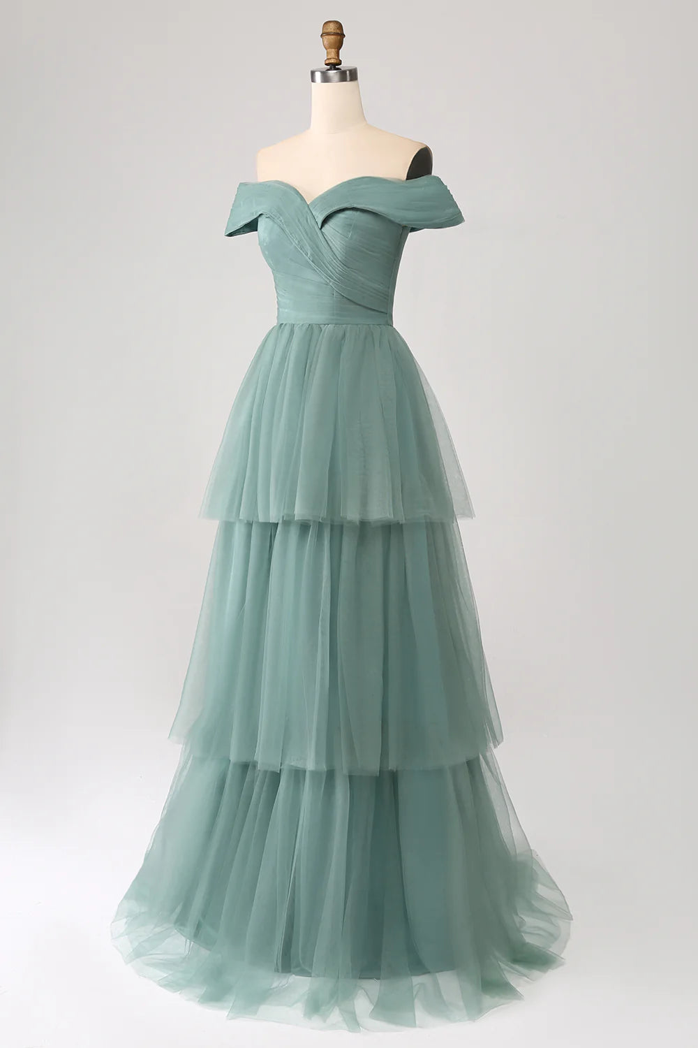 Beaira Grey Green A Line Off the Shoulder Tiered Tulle A Line Prom Dress