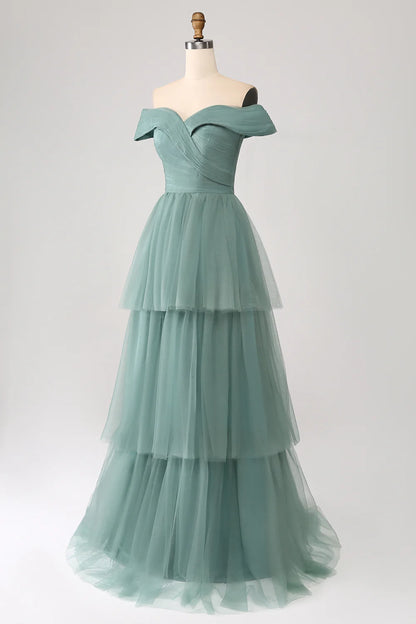 Beaira Grey Green A Line Off the Shoulder Tiered Tulle A Line Prom Dress