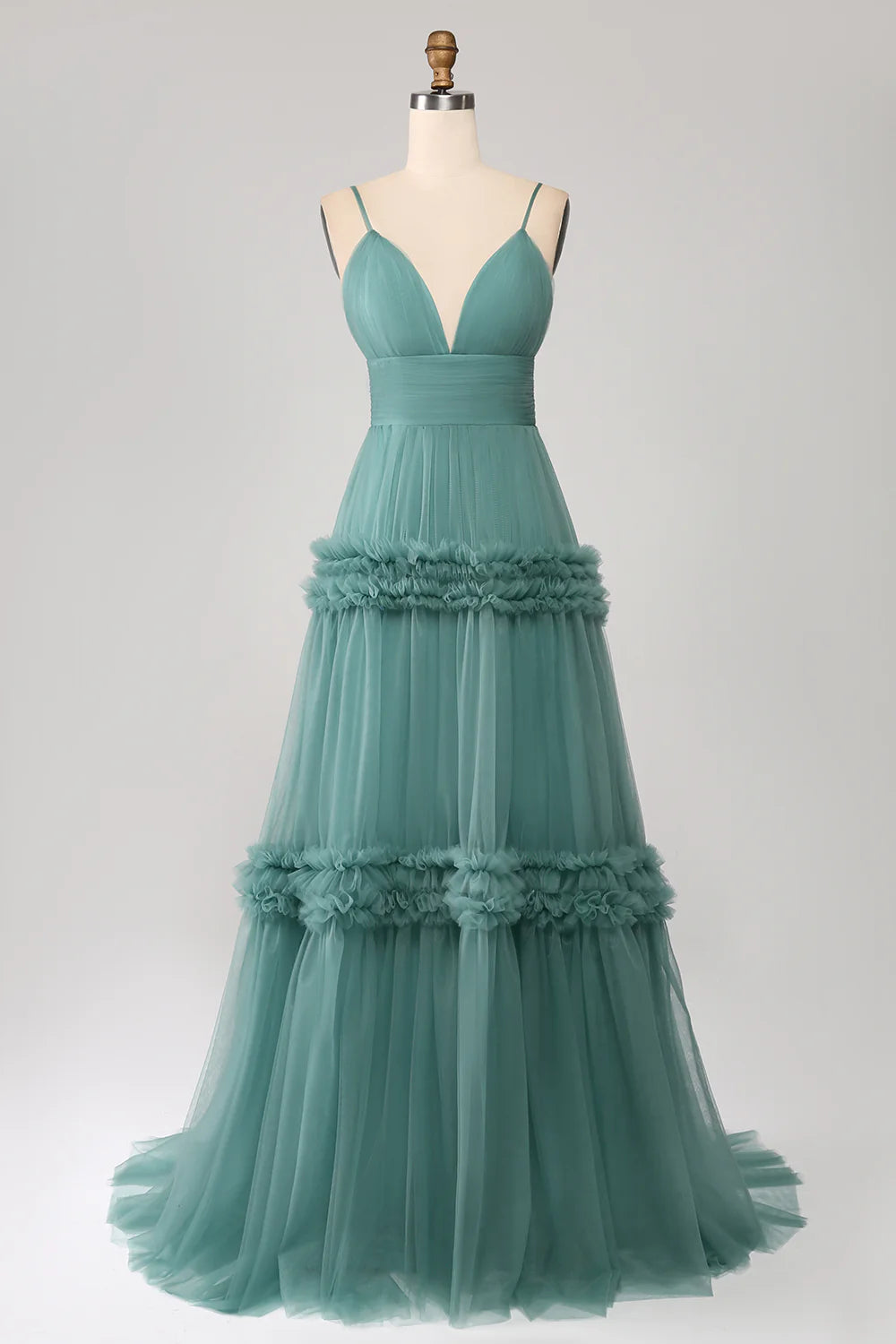 Beaira Green A Line Spaghetti Straps Tulle Long Prom Dress with Ruffles