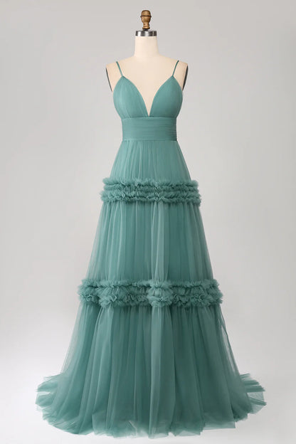 Beaira Green A Line Spaghetti Straps Tulle Long Prom Dress with Ruffles