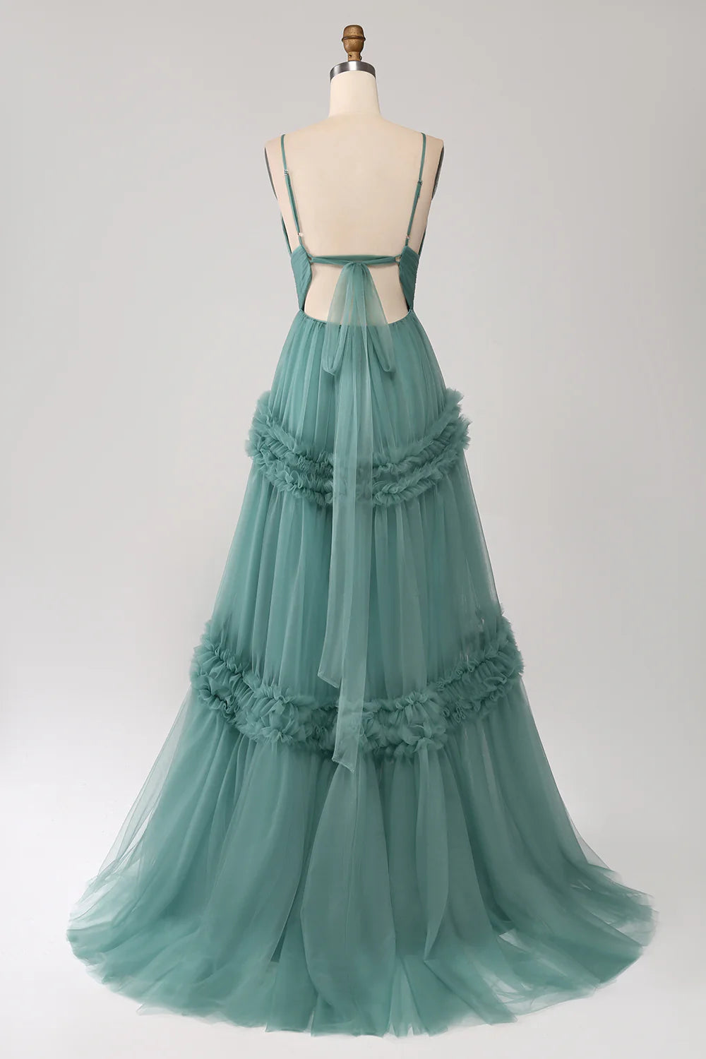 Beaira Green A Line Spaghetti Straps Tulle Long Prom Dress with Ruffles