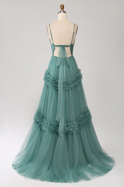 Beaira Green A Line Spaghetti Straps Tulle Long Prom Dress with Ruffles