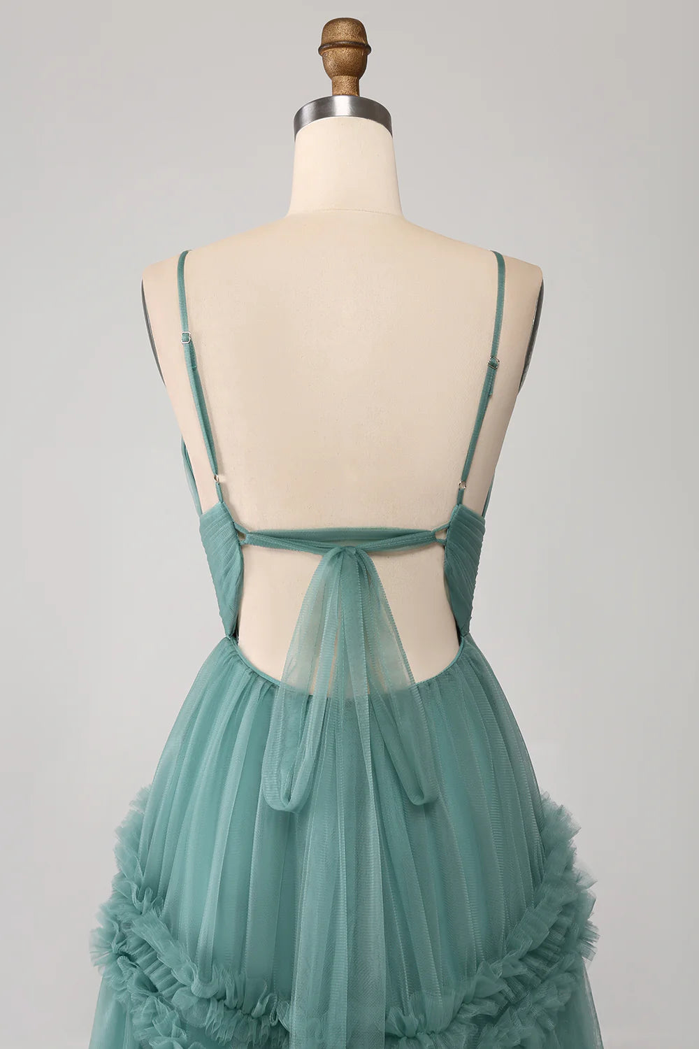 Beaira Green A Line Spaghetti Straps Tulle Long Prom Dress with Ruffles
