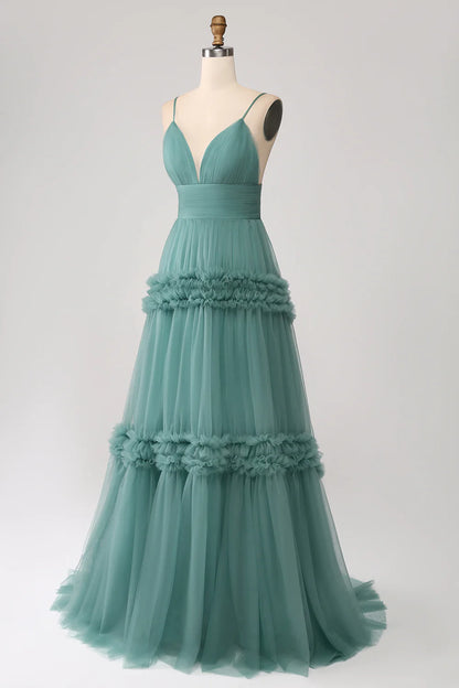Beaira Green A Line Spaghetti Straps Tulle Long Prom Dress with Ruffles