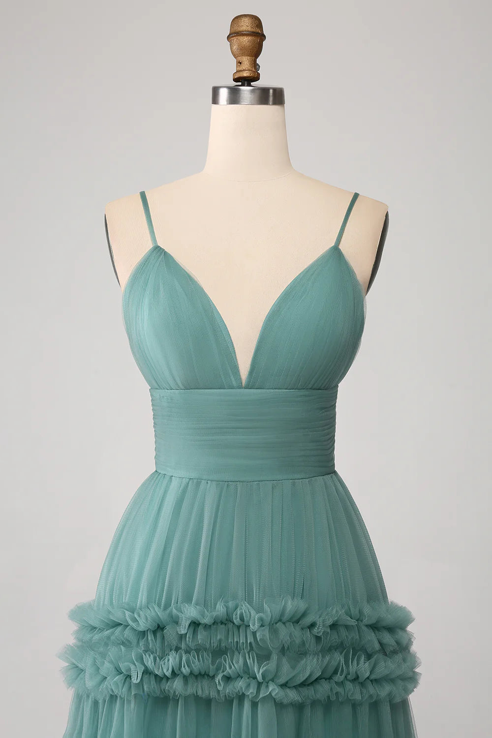 Beaira Green A Line Spaghetti Straps Tulle Long Prom Dress with Ruffles