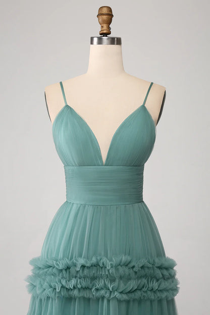 Beaira Green A Line Spaghetti Straps Tulle Long Prom Dress with Ruffles