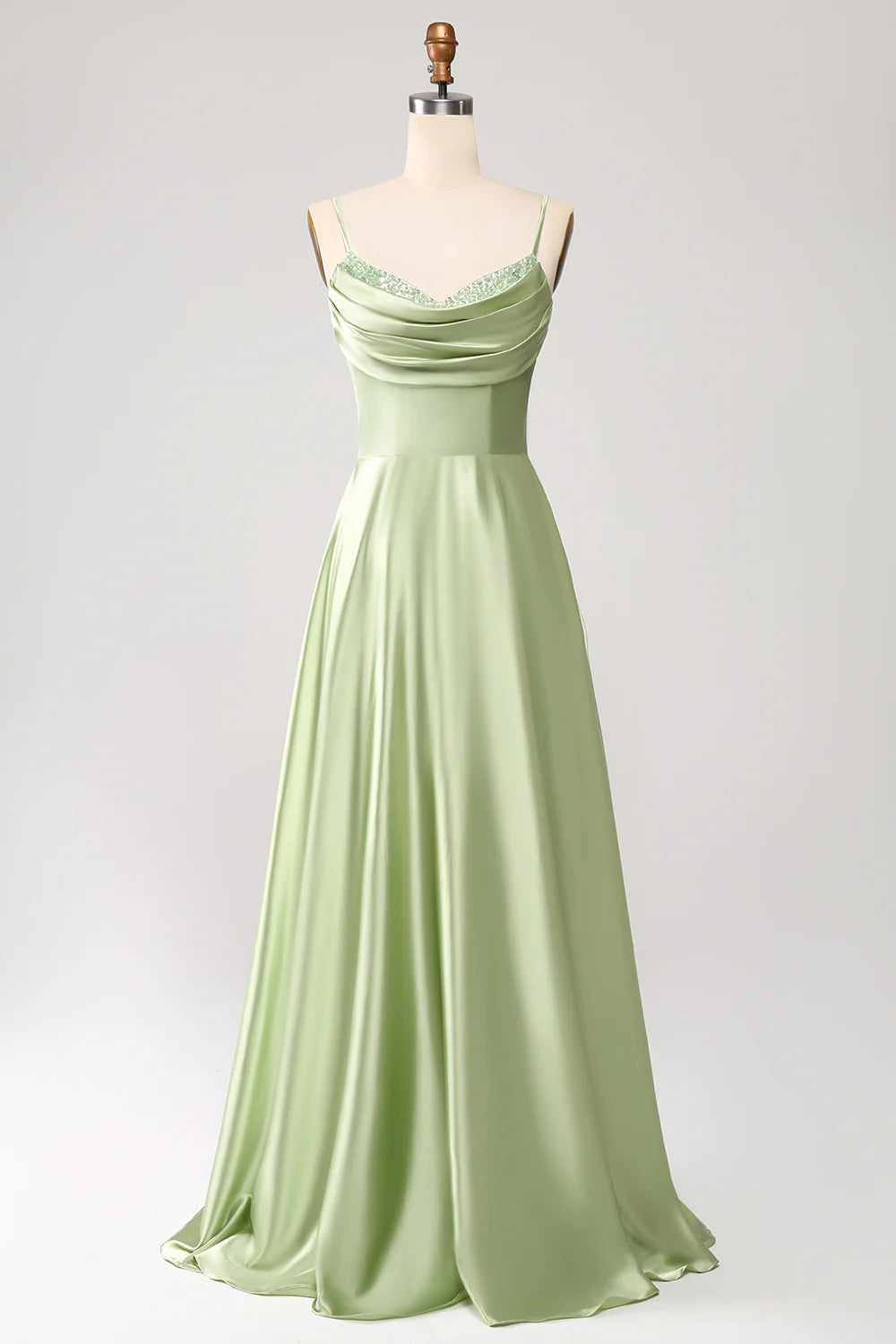 Beaira Dusty Sage A Line Cowl Neck Satin Long Prom Dress with Pleated