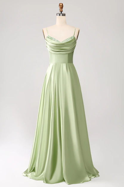 Beaira Dusty Sage A Line Cowl Neck Satin Long Prom Dress with Pleated