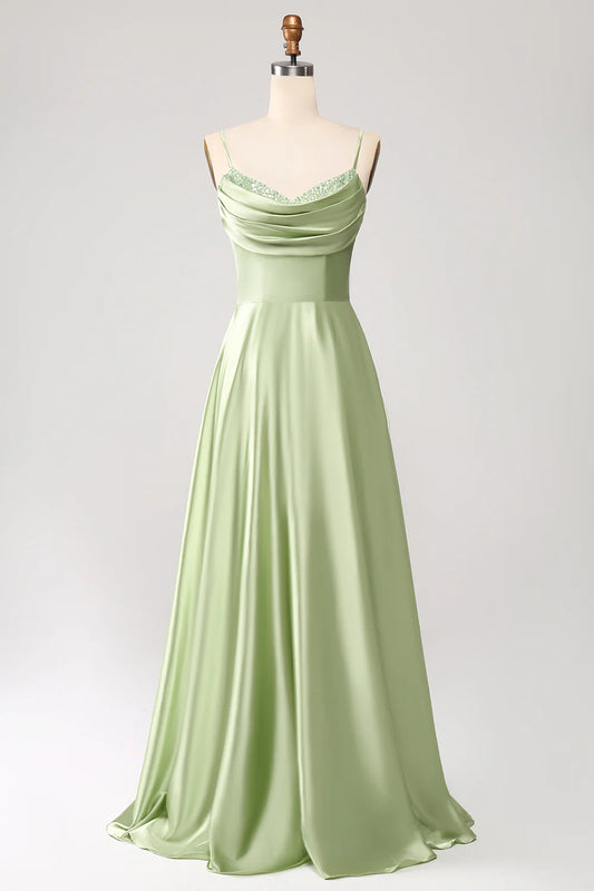 Beaira Dusty Sage A Line Cowl Neck Satin Long Prom Dress with Pleated