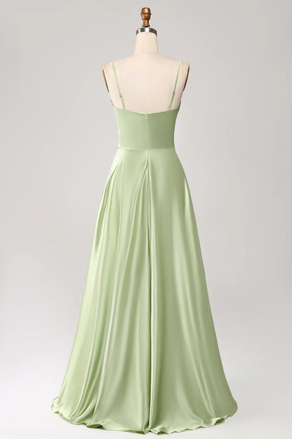 Beaira Dusty Sage A Line Cowl Neck Satin Long Prom Dress with Pleated