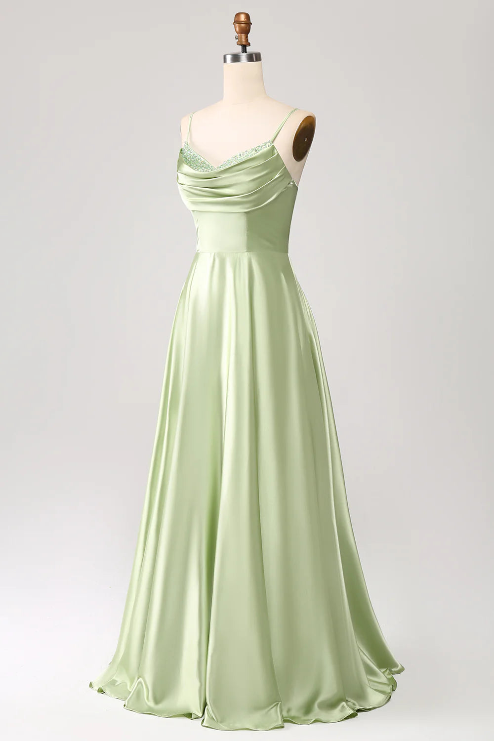 Beaira Dusty Sage A Line Cowl Neck Satin Long Prom Dress with Pleated