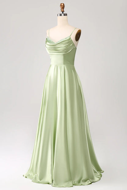 Beaira Dusty Sage A Line Cowl Neck Satin Long Prom Dress with Pleated