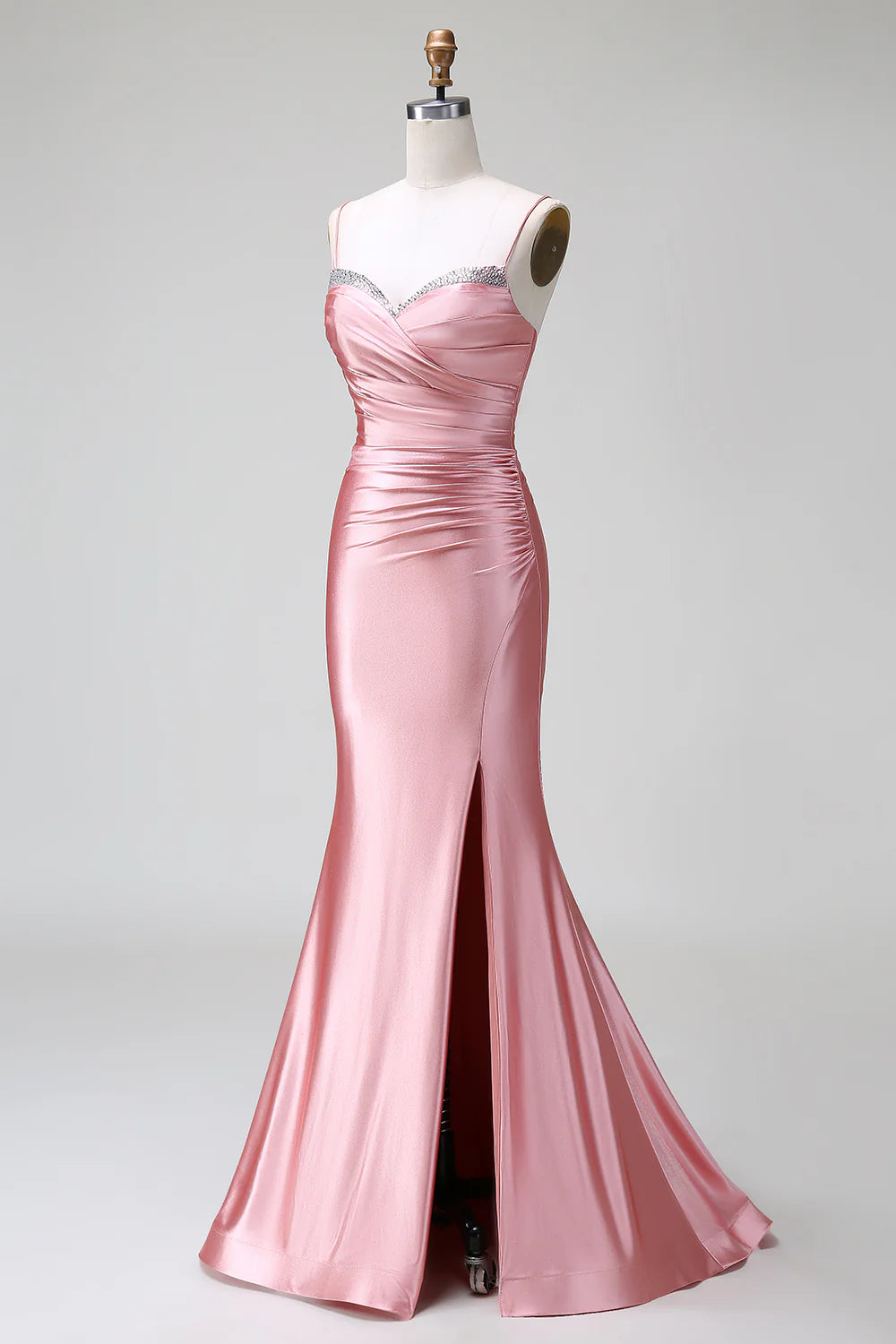 Blush Mermaid Spaghetti Straps Satin Prom Dress with Slit