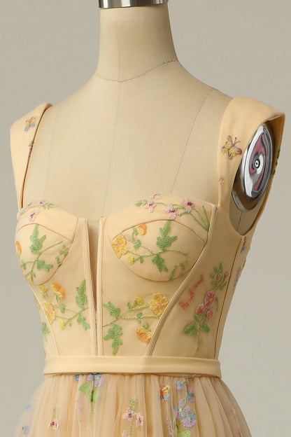 A Line Sweetheart Champagne Long Prom Dress with Embroidery