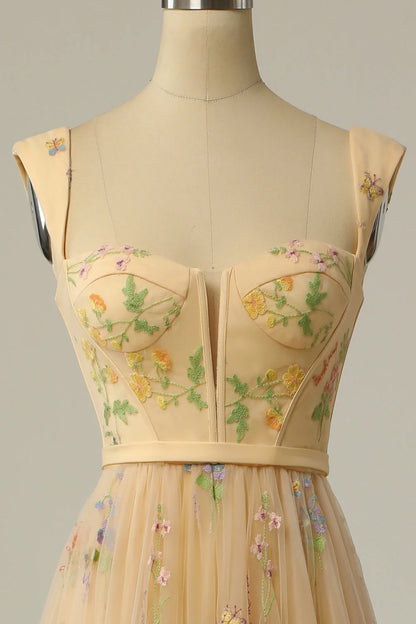 A Line Sweetheart Champagne Long Prom Dress with Embroidery