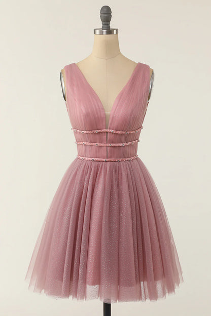 Beaira Glitter Grey Blue Tulle Short Prom Dress