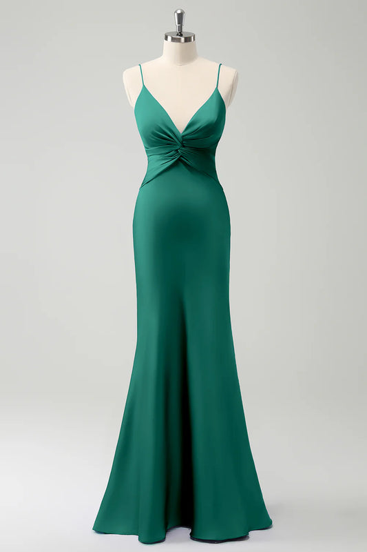 Beaira Dark Green Mermaid Front Criss Cross Ruched Long Bridesmaid Dress Bridesmaid dress shop ﻿