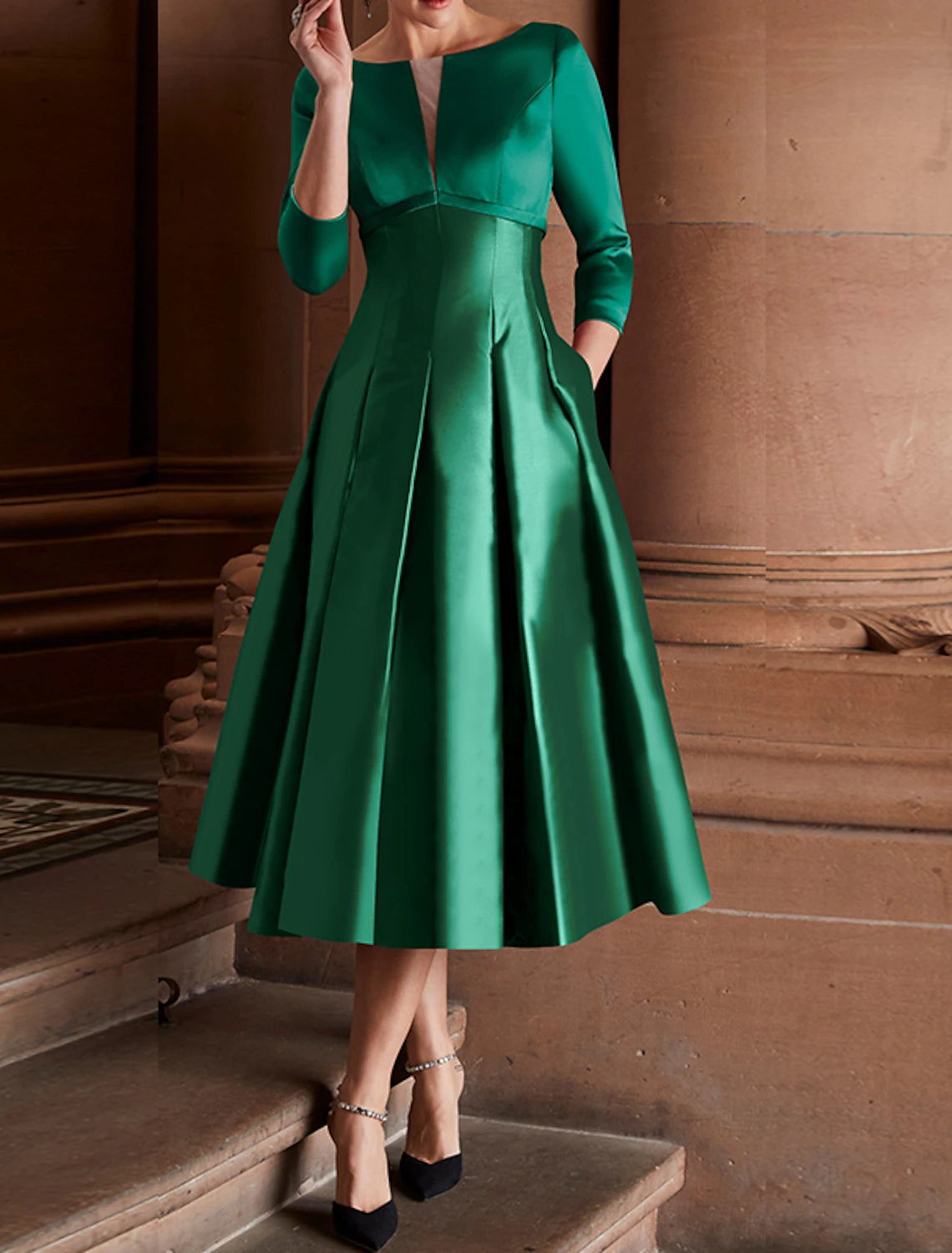 A-Line Cocktail Dresses Minimalist Dress Red Green Dress Wedding Guest Tea Length 3/4 Length Sleeve Jewel Neck Fall Wedding Guest Satin with Pleats