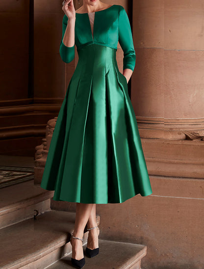 A-Line Cocktail Dresses Minimalist Dress Red Green Dress Wedding Guest Tea Length 3/4 Length Sleeve Jewel Neck Fall Wedding Guest Satin with Pleats