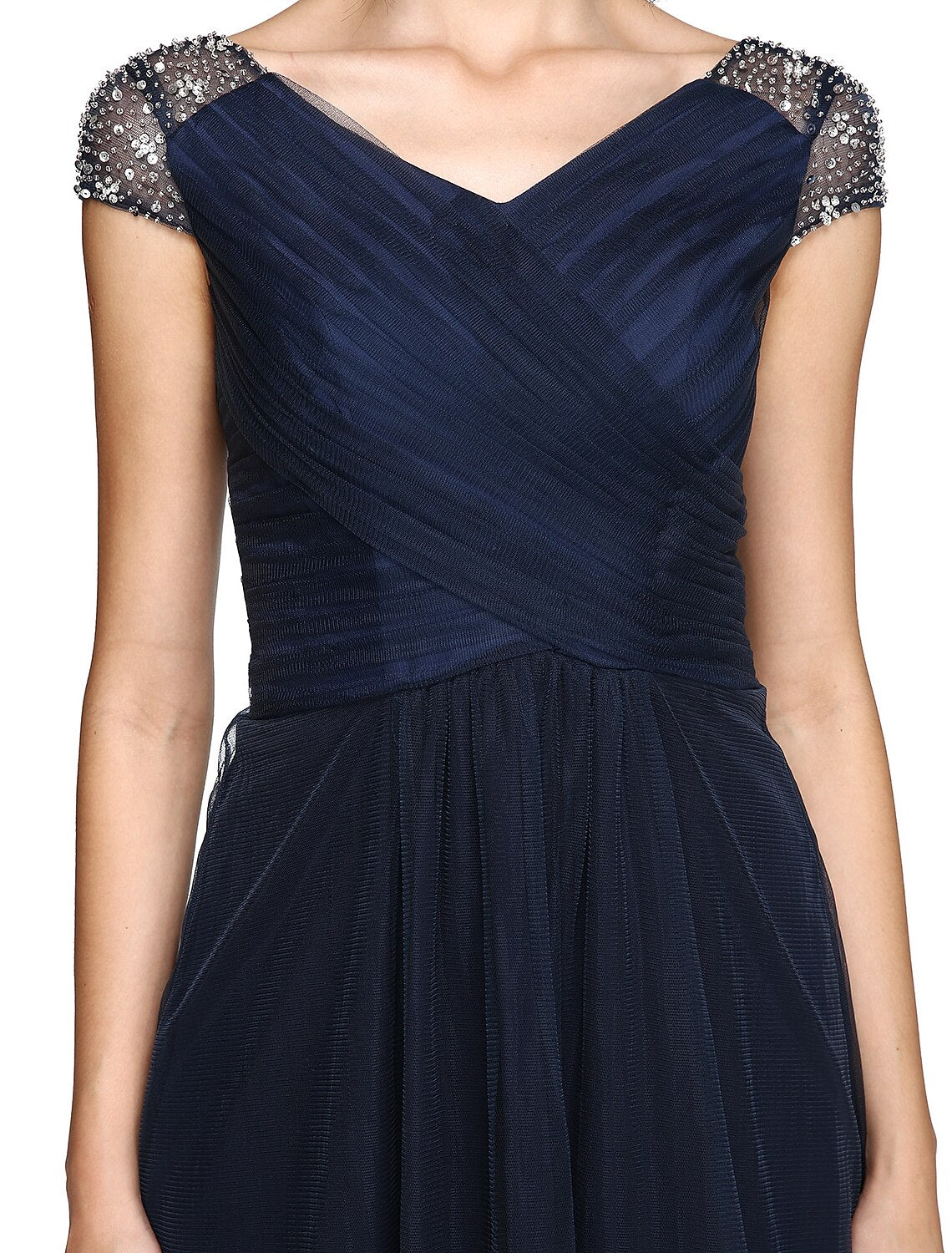 Sheath / Column Minimalist Dress Wedding Guest Prom Asymmetrical Short Sleeve V Neck Bridesmaid Dress Tulle V Back with Criss Cross Pleats Beading