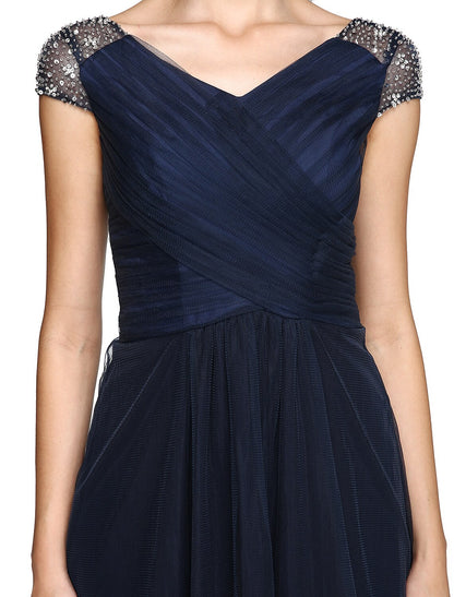 Sheath / Column Minimalist Dress Wedding Guest Prom Asymmetrical Short Sleeve V Neck Bridesmaid Dress Tulle V Back with Criss Cross Pleats Beading