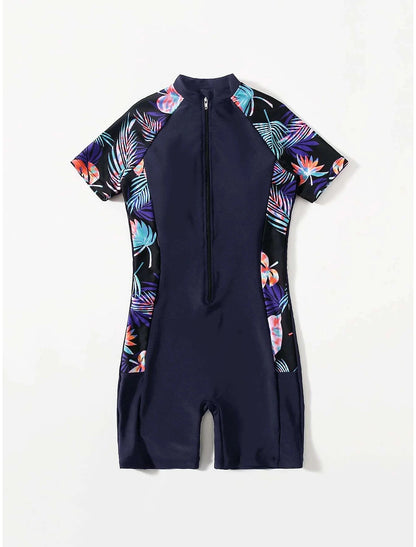 Women's Normal Swimwear Rash Guard Diving Bathing Suits Swimsuit Zipper UV Protection Modest Swimwear Tummy Control Printing Leaf Scoop Neck Vacation Stylish Bathing Suits