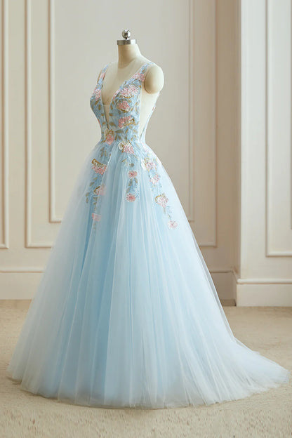 A-line V-neck Tulle with Appliques Lace Open Back Long Prom Dresses