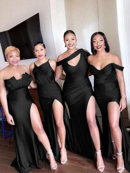 Sheath/Column Off-the-Shoulder Ruched Sleeveless Sweep/Brush Train Bridesmaid Dresses