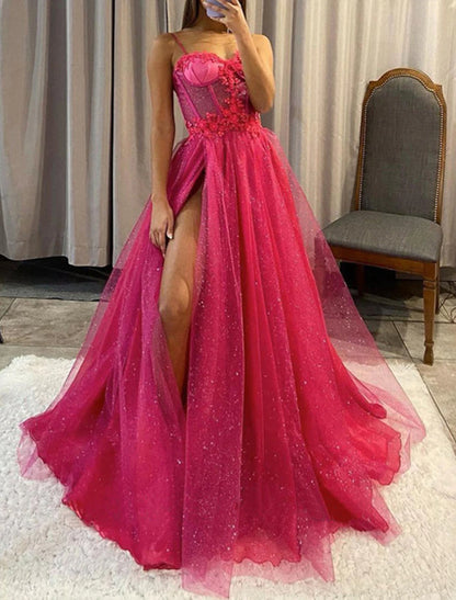 A-Line Evening Gown Corsets Dress Formal Wedding Party Court Train Sleeveless Spaghetti Strap Tulle with Slit Appliques