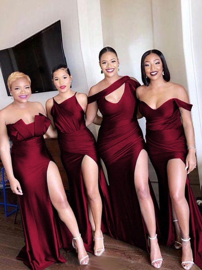 Sheath/Column Off-the-Shoulder Ruched Sleeveless Sweep/Brush Train Bridesmaid Dresses