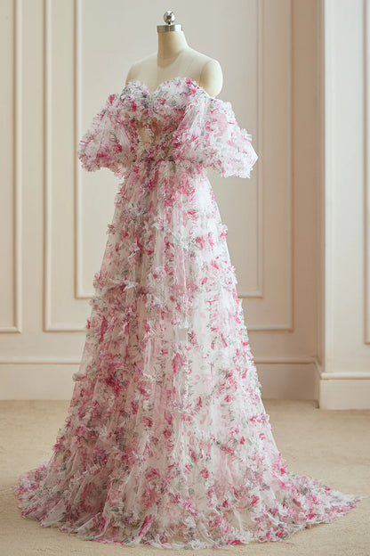 A Line Sweetheart Ruffles Sweep Train Floral Printed Chiffon Prom Dresses