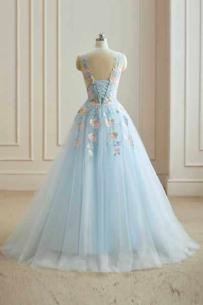 A-line V-neck Tulle with Appliques Lace Open Back Long Prom Dresses