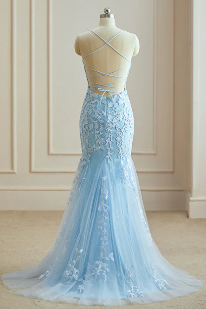 Elegant Spaghetti Straps Sky Blue Mermaid Backless Pageant Prom Dresses