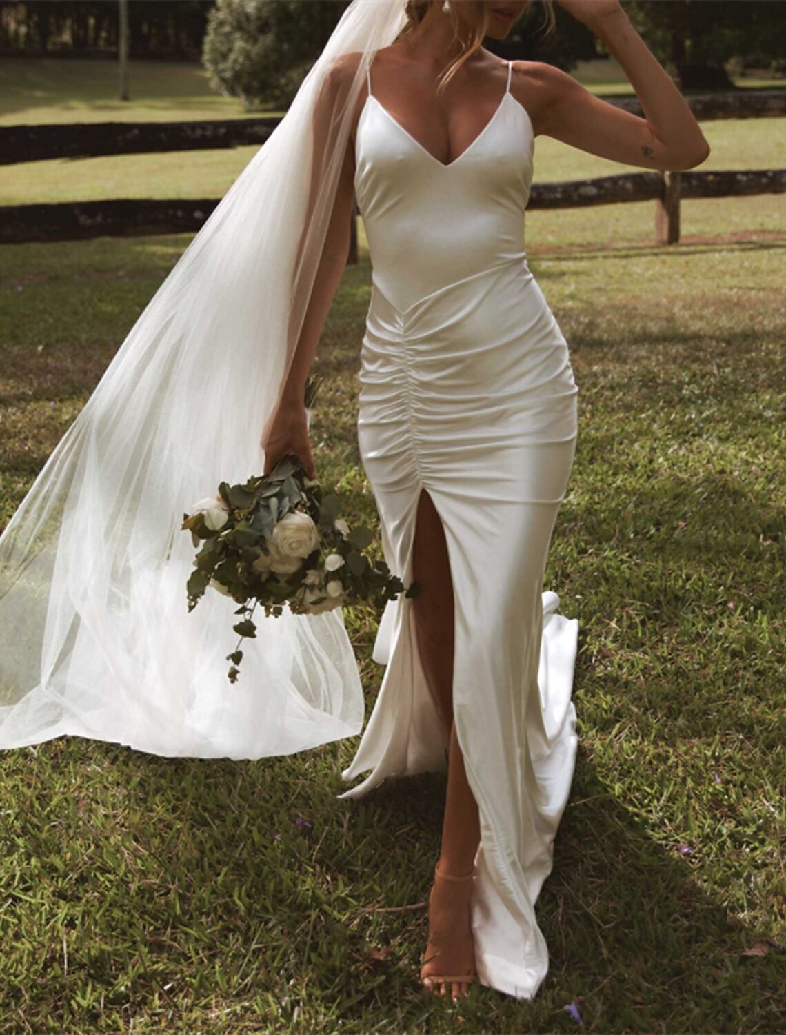 Hall Casual Wedding Dresses Mermaid / Trumpet Spaghetti Strap Camisole Spaghetti Strap Court Train Satin Bridal Gowns With Ruched
