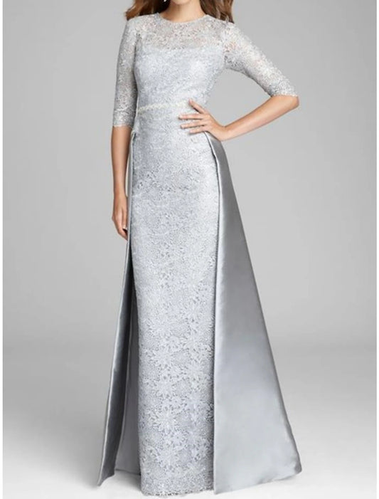 Sheath / Column Mother of the Bride Dress Wedding Guest Elegant Jewel Neck Floor Length Satin Lace Half Sleeve with Ruching Solid Color