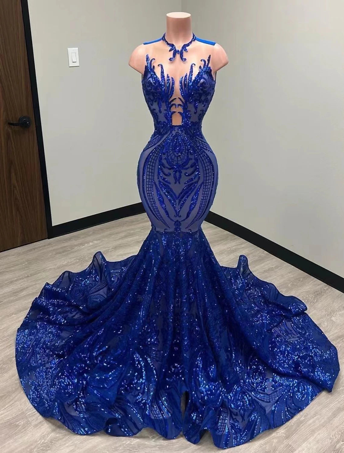 Mermaid Black Dress Plus Size Evening Gown Elegant Dress Carnival Formal Court Train Sleeveless Illusion Neck African American Sequined with Sequin