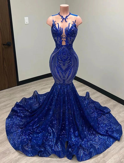 Mermaid Black Dress Plus Size Evening Gown Elegant Dress Carnival Formal Court Train Sleeveless Illusion Neck African American Sequined with Sequin