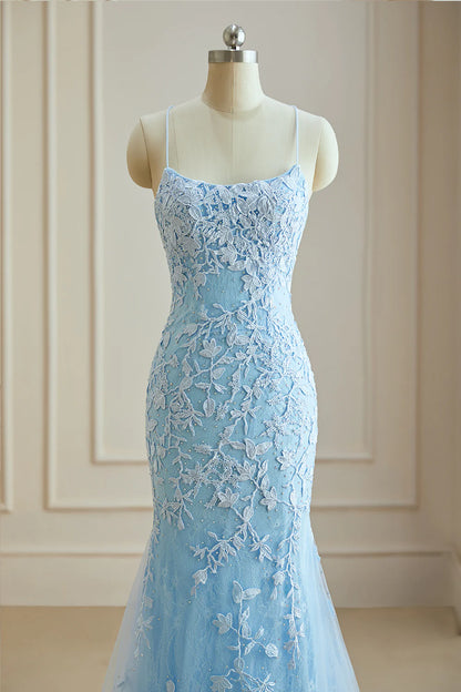 Elegant Spaghetti Straps Sky Blue Mermaid Backless Pageant Prom Dresses