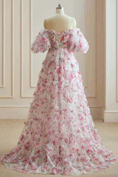 A Line Sweetheart Ruffles Sweep Train Floral Printed Chiffon Prom Dresses