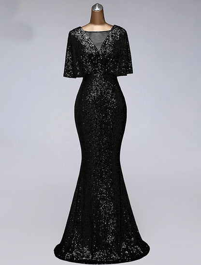 Mermaid / Trumpet Prom Dresses Sparkle Dress Wedding Guest Prom Floor Length Half Sleeve Illusion Neck Sequined with Sequin Ruffles