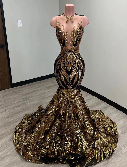 Mermaid Black Dress Plus Size Evening Gown Elegant Dress Carnival Formal Court Train Sleeveless Illusion Neck African American Sequined with Sequin