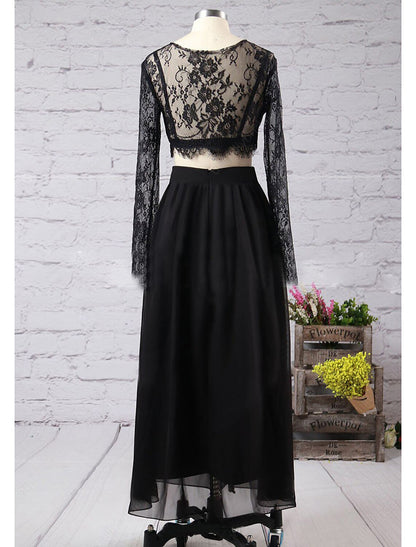 Two Piece A-Line Prom Dresses High Split Dress Formal Prom Floor Length Long Sleeve Jewel Neck Chiffon
