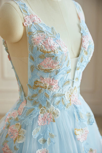 A-line V-neck Tulle with Appliques Lace Open Back Long Prom Dresses