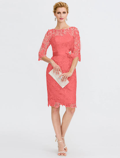 Sheath / Column Mother of the Bride Dress Formal Wedding Guest Plus Size Elegant Illusion Neck Knee Length All Over Lace 3/4 Length Sleeve with Bow(s)