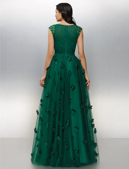 A-Line Floral Dress Wedding Guest Prom Floor Length Short Sleeve Boat Neck Tulle with Crystals Appliques