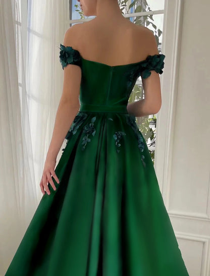 Ball Gown Prom Dresses Luxurious Dress Red Green Dress Wedding Party Floor Length Short Sleeve Off Shoulder Satin with Slit Appliques