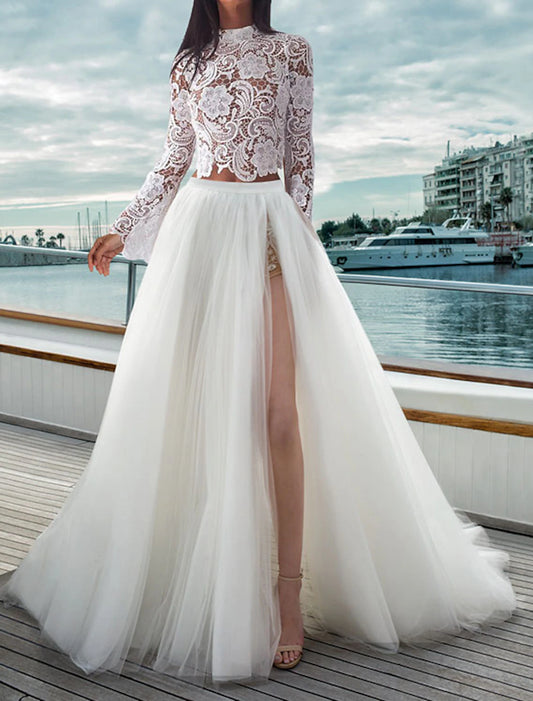 Boho Wedding Dresses Separates High Neck Long Sleeve Separates Lace Bridal Tops Bridal Gowns With Appliques